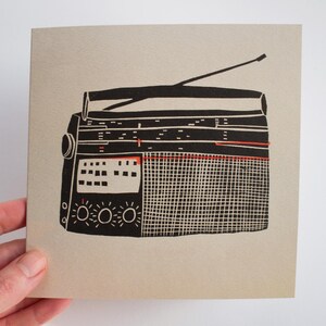 Cartão de rádio | Cartão de tocador de rádio sem fio vintage | Tecnologia retrô | Cartão de xilogravura | Cartão de felicitações em branco | Cartão de aniversário | Cartão de dia dos pais