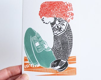 Linocut Cat Card | Book Lover Greetings Card