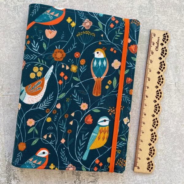 Birds, Flowers, Nature, A6 Notebook /Journal/Planner, Reusable Cotton Fabric Cover, Eco Friendly, Elastic Closure, includes Pad, Ideal Gift