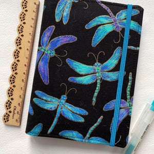 Dragonflies A6 Handmade Reusable & Refillable Fabric Notebook Cover, Metallic Highlights, Elastic Closure, includes Pad