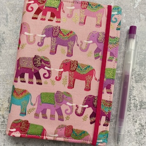Elephants A6 Notebook/Journal, Handmade Refillable Fabric Cover with Metallic Highlights, Includes Pad