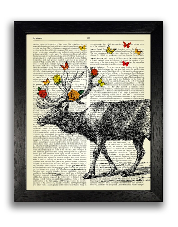 Alce Con Arte Decorativo Flores Y Mariposas Impresion Del Etsy