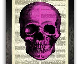 PINK SKULL Art Print, Skull Painting, Retro Skull Wall Art, Skull Drawing Anatomy Halloween Decoration, Vintage Dictionary Page Art
