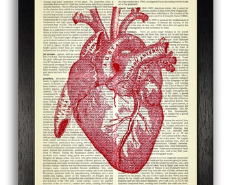 RED Anatomical Heart Print on Vintage Dictionary Page, Anatomy Heart Wall Decor, Vintage Illustration Poster, Anniversary Gift, Bedroom Art