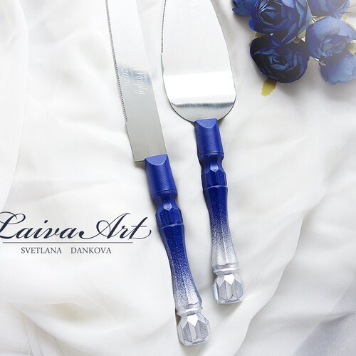 Royal Blue and Silver Wedding Cake Server Cake Cutting Set Etsy