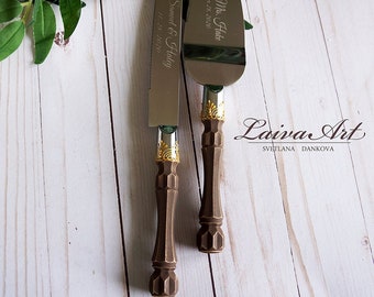 Personalized Brown Wedding Cake Server Set & Knife Cake Cutting Set Wedding Cake Knife Set Wedding Cake Servers Wedding Cake Cutter