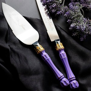 Lavender Wedding Cake Server Set: Engraved Stainless Steel Knife & Cutter