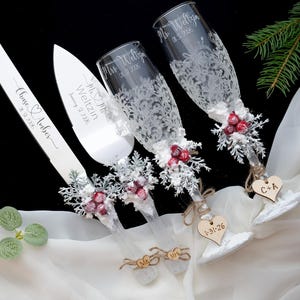 Winter Wedding Cake Knife Set & Champagne Flutes: Engraved Server Set