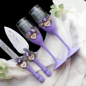 Lilac Wedding Toasting Flutes & Cake Server Set: Rustic Stainless Steel, Personalized