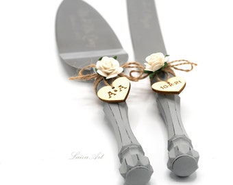 Gray Wedding Cake Server and Knife Rustic Wedding cake cutter set cake cutting set Personalized cake cutting set