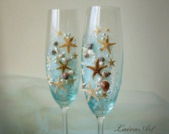 Beach Wedding Champagne Flutes Wedding Champagne Glasses Wedding Toasting Flutes Set of 2