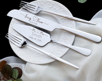 Personalized Wedding Cake Cutter Set: Stainless Steel Knife, Server & Porcelain Plate