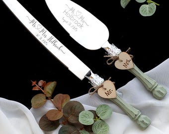 Personalized Rustic Wedding Cake Cutting Set: Stainless Steel Knife & Server