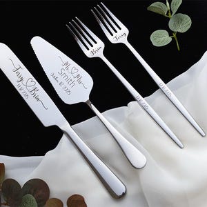 Engraved Wedding Cake Cutting Set: Stainless Steel Knife, Server & Forks