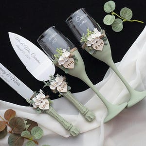 Sage Green Champagne Flutes: Boho Wedding Toasting Glasses, Set of 2