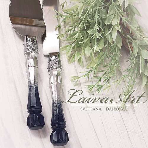 Royal Blue and Silver Wedding Cake Server Cake Cutting Set Etsy