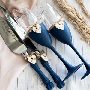 Navy Blue Wedding Flutes and Cake Server Set: Engraved Toasting Glasses
