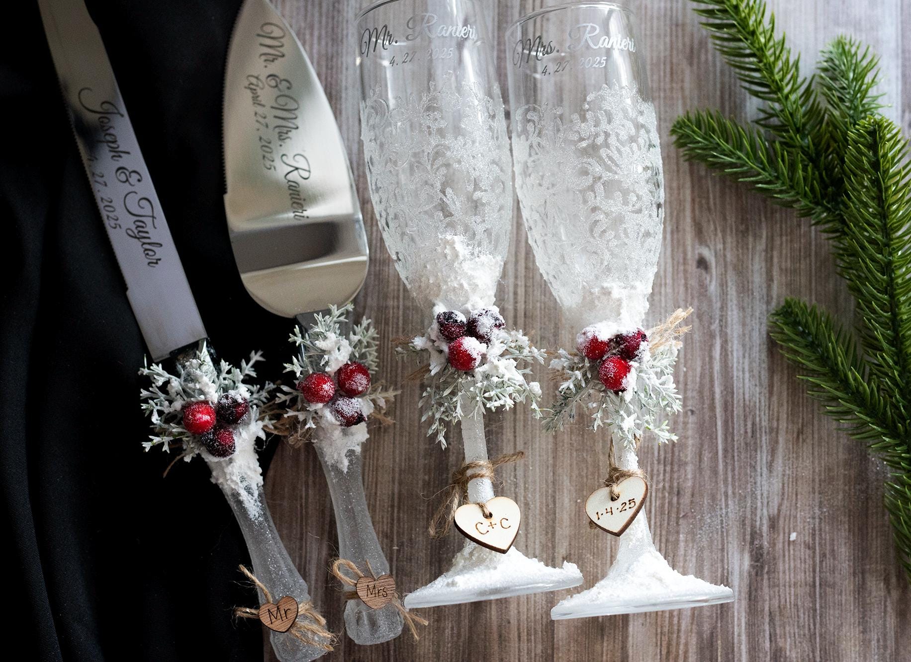 Winter Wedding Cake Knife Set \u0026 Champagne Flutes: Engraved Server Set - Etsy, image size:1832x1333