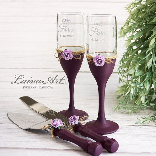 Wedding Glasses Wedding shops Champagne Glasses Wedding Toasting Glasses Toasting Flutes Gold Wedding Cake Server Set of 4