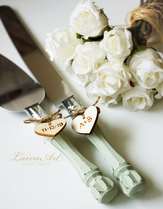 Personalized Sage Green and Gold Wedding Cake Server Set & Knife