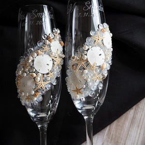 Beach Wedding Champagne Flutes: Hand-Painted Starfish & Pearl Toasting Glasses