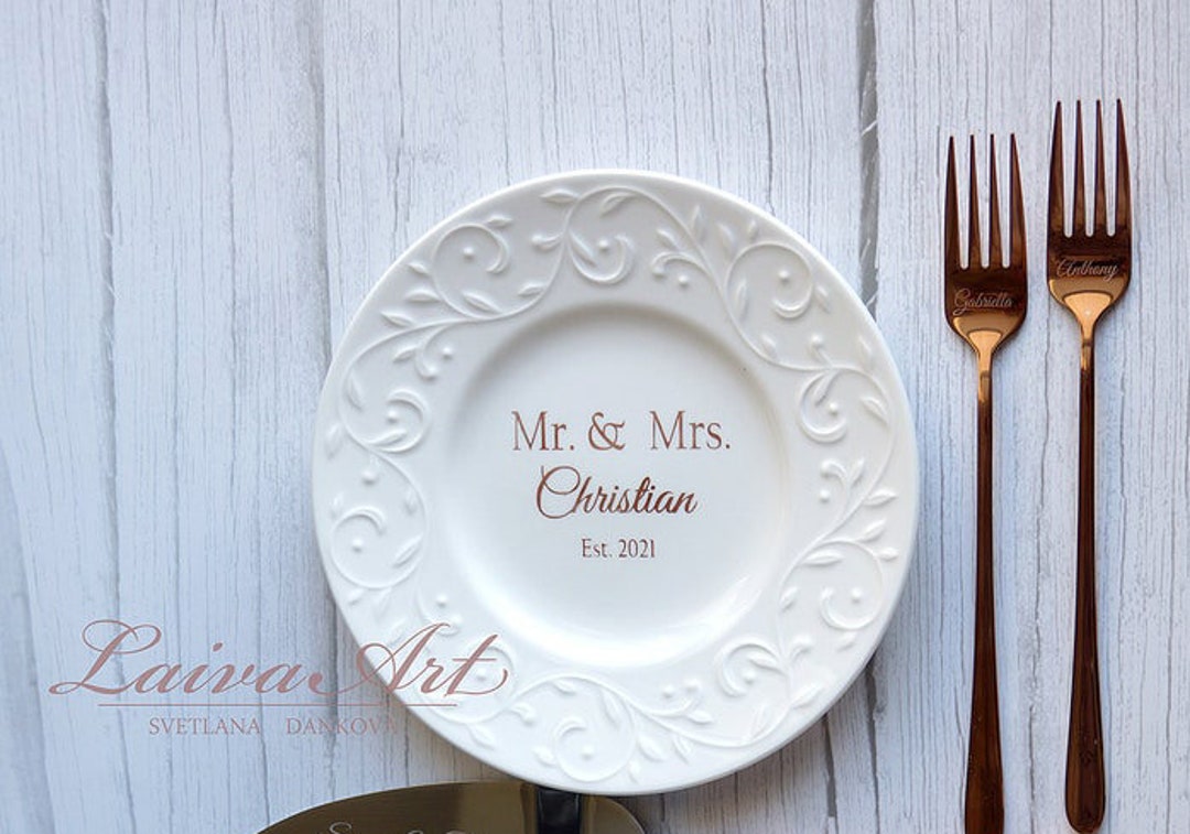 Personalized Cake Plate and Forks Set Dessert Fork Set Wedding Etsy