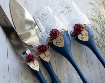 Navy Blue Wedding Cake Server Cake Cutting Set Wedding Cake Knife Set Wedding Cake Servers Wedding Cake Cutter