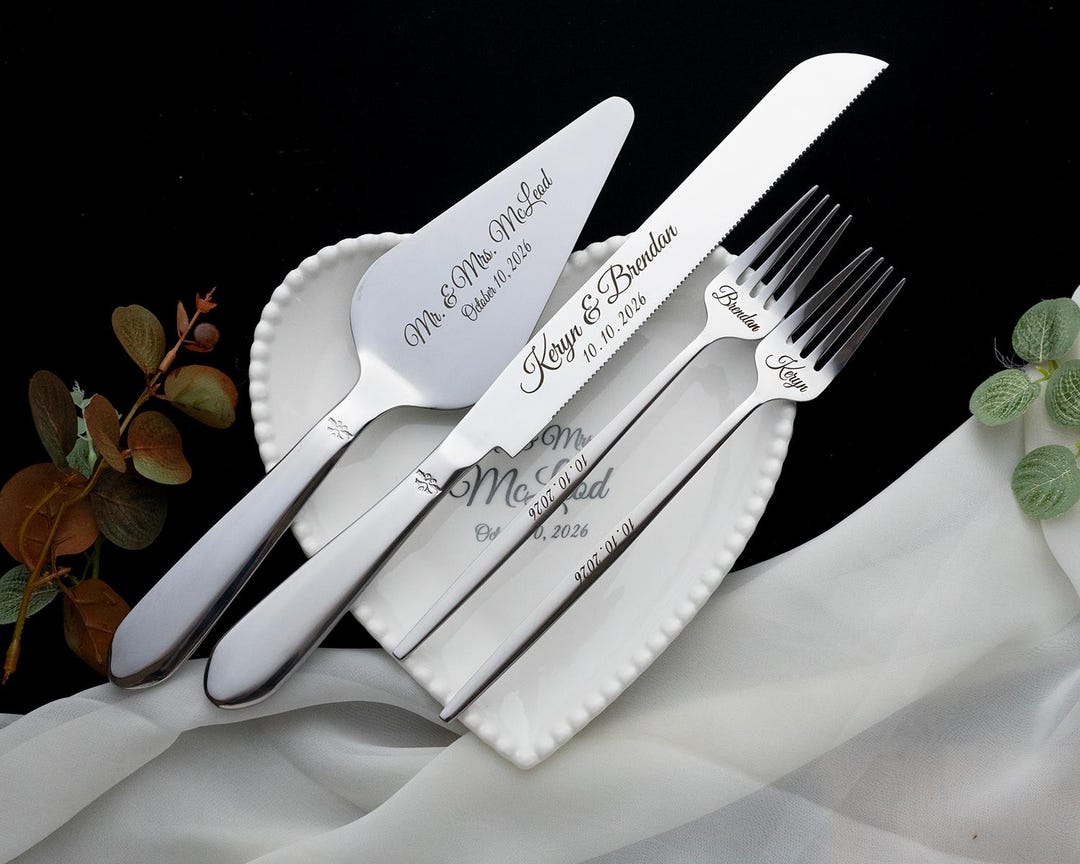 Personalized Wedding Cake Cutting Set: Stainless Steel Knife, Server & Forks - gold, All set( 5 pcs)
