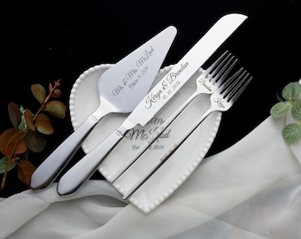 Personalized Wedding Cake Cutting Set: Stainless Steel Knife, Server & Forks