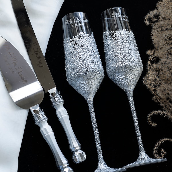 Silver Wedding Champagne Glasses Wedding Champagne Flutes Cake Server Set  Wedding Toasting Flutes Set of 4