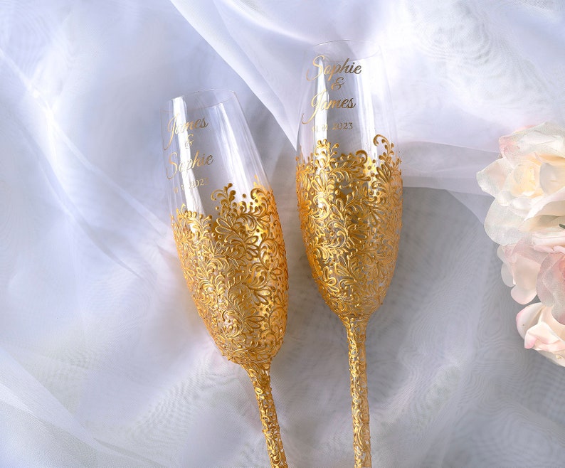 Personalized Wedding Glasses Toasting Flutes Toasting flutes gold Glasses Bride and Groom Champagne Glasses Toasting flutes White image 10