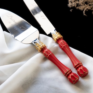 Red Wedding Cake Server Set: Personalized Rustic Stainless Steel Knife Cutter