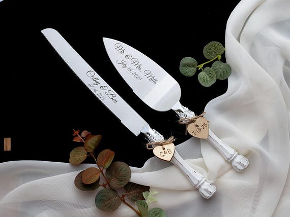 Personalized Wedding Cake Server Set: Engraved Stainless Steel Knife & Server