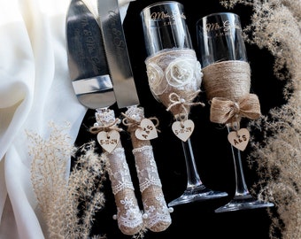 Rustic Wedding Glasses Champagne Flutes Wedding Champagne Glasses Lace Wedding  Vintage Wedding