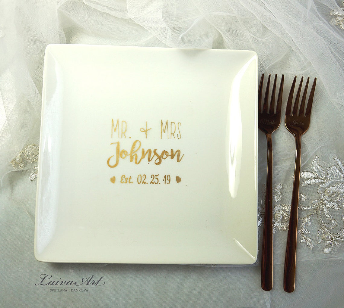 Personalized Cake Plate and Forks Set Dessert Fork Set Wedding Etsy