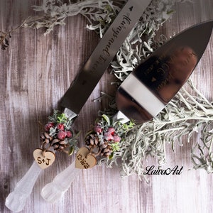 Rustic Winter Wedding Cake Server Set: Engraved Knife & Server