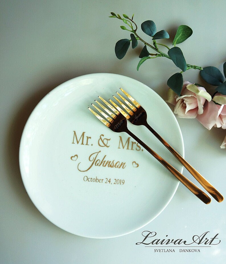 Personalized Cake Plate and Forks Set Dessert Fork Set Wedding Etsy