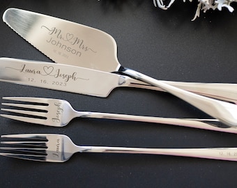 Wedding Cake Cutting Set Gift Server Knife and Forks, Engraved Cake Cutter Serving Set for Bridal Shower