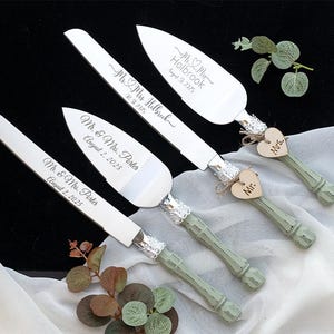 Personalized Wedding Cake Server Set: Sage Green Knife & Cutter