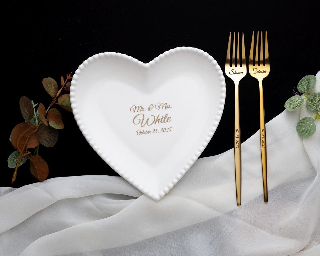 Personalized Wedding Cake Plate and Forks Set: Engraved Ceramic, Mr ...