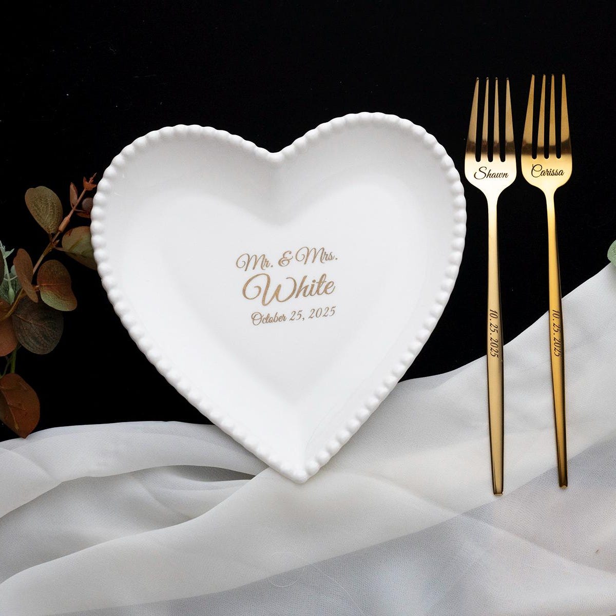 Personalized Wedding Cake Plate & Forks Set