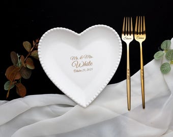Personalized Wedding Cake Plate and Forks Set: Engraved Ceramic, Mr & Mrs