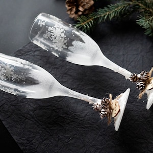 Rustic Winter Wedding Champagne Flutes: Hand-Painted Snowflake Glasses