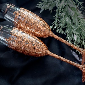 Personalized Rose Gold Wedding Champagne Flutes - Hand Painted Toasting Set