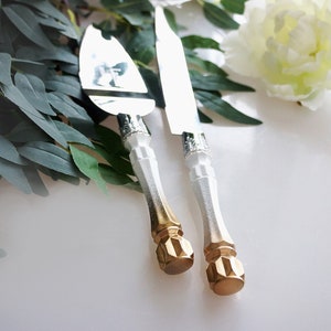 Personalized Gold Wedding Cake Knife and Server Set: Engraved Stainless Steel