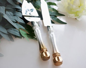 Personalized Gold Wedding Cake Knife and Server Set: Engraved Stainless Steel