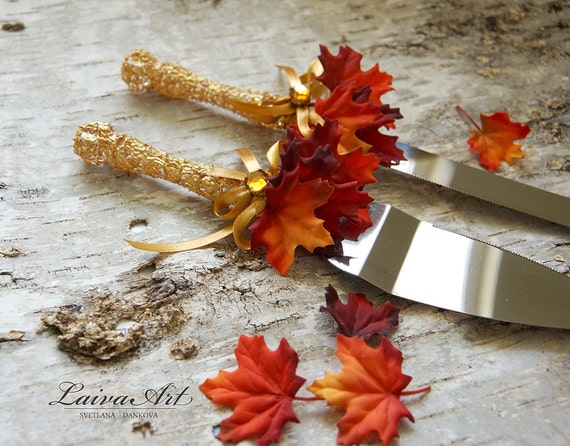 Fall Wedding Cake Server Set Knife Gold Fall Leaves Etsy