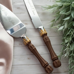 Personalized Brown Wedding Cake Server Set: Engraved Stainless Steel Knife