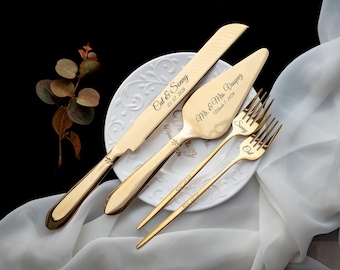 Personalized Wedding Cake Plate and Forks Set, Engraved Dessert Forks