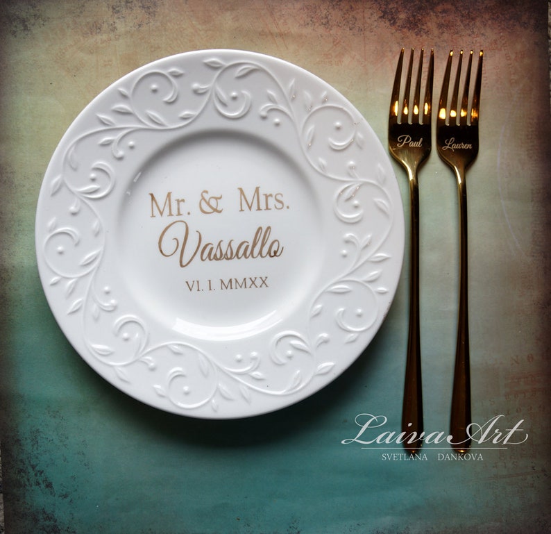 Personalized Cake Plate and Forks Set Dessert Fork Set Wedding Etsy